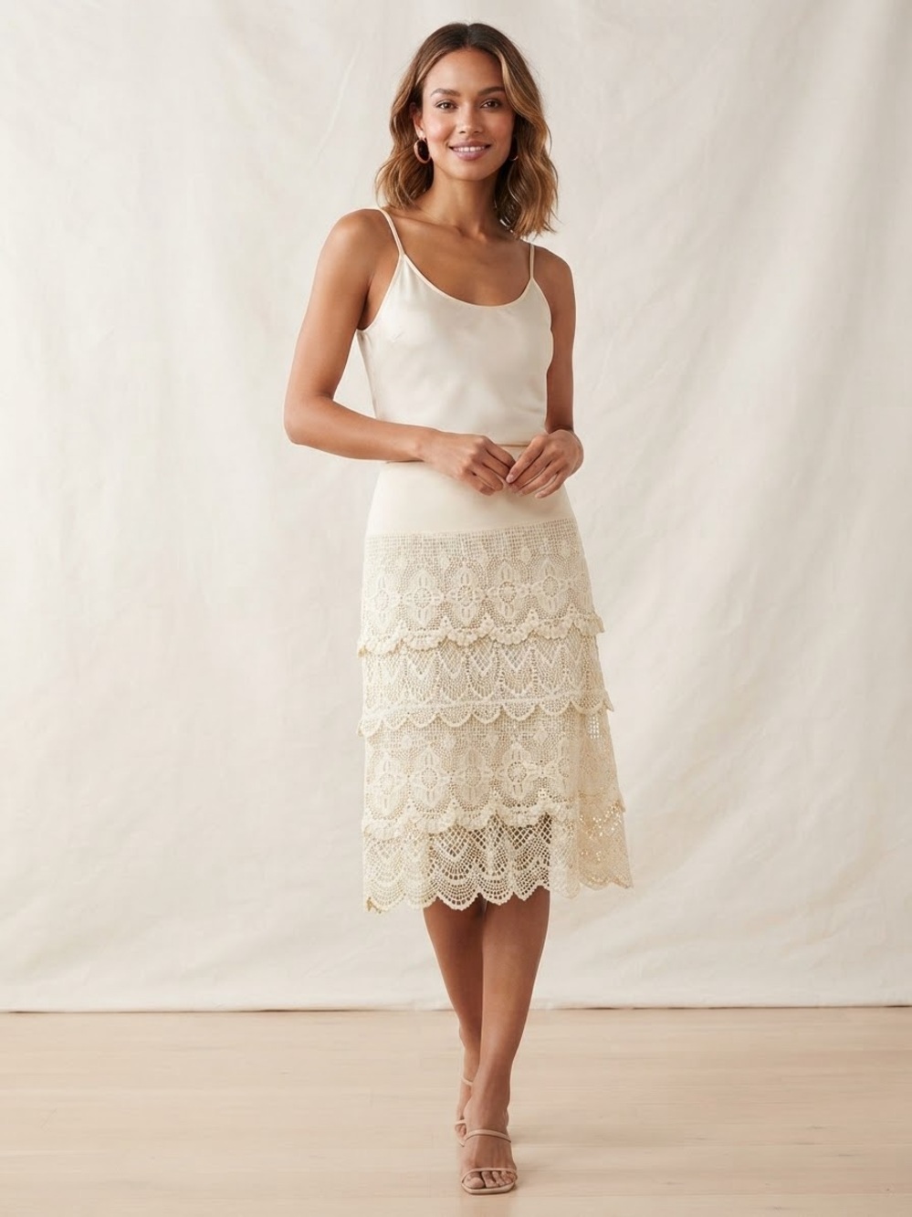 Solitaire Lace Tiered Midi Skirt in Cream